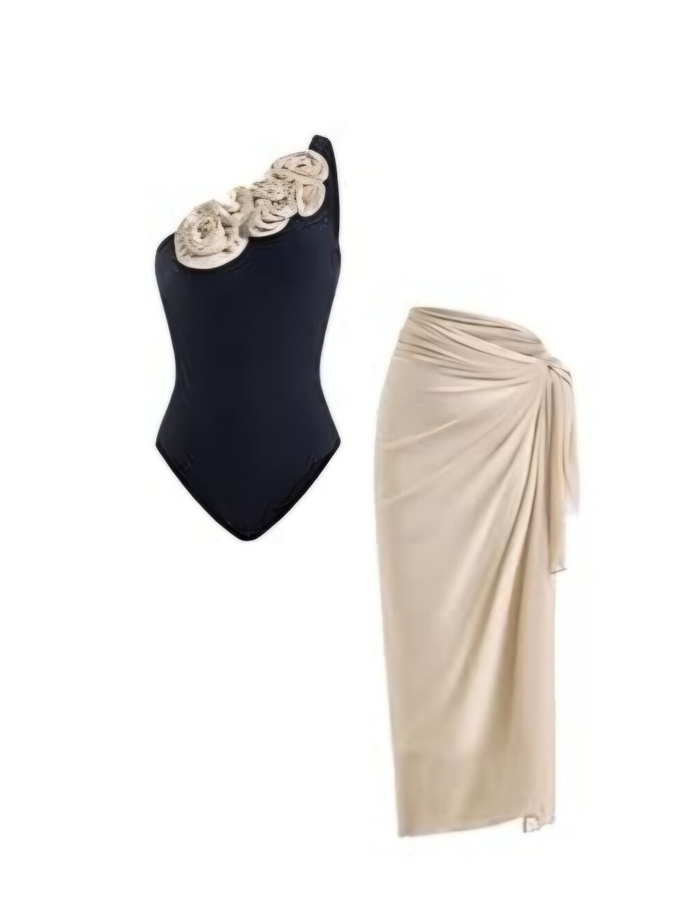 WinkBay One-Shoulder Black Swimsuit with Beige Sarong Set Size XL